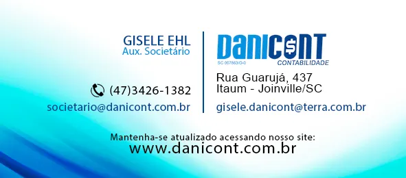Cartão de Gisele Ehl, auxiliar do setor societário, telefone (47) 3426-1382 e e-mail societario@danicont.com.br